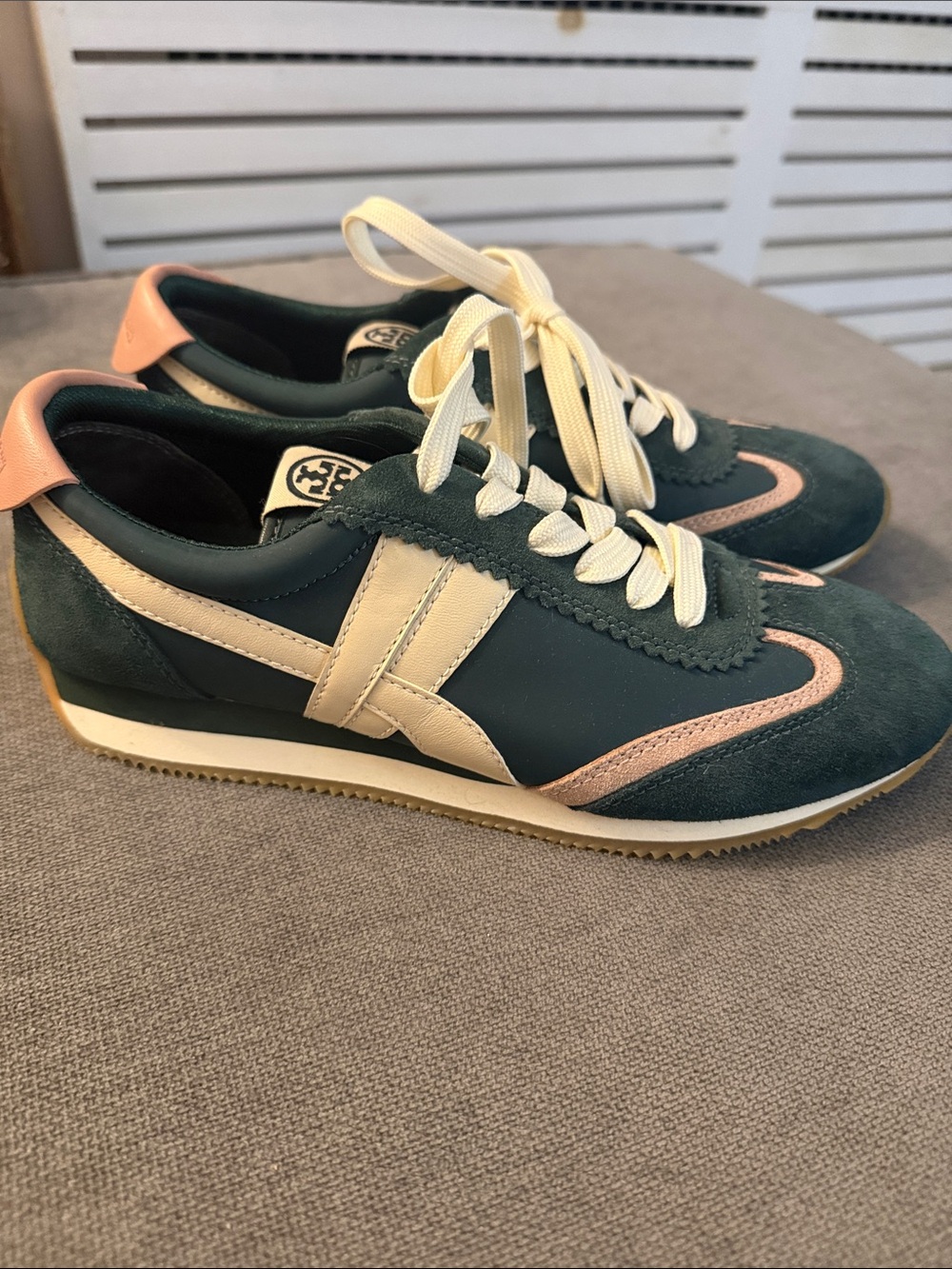Tory Burch Green Suede & Cream Athletic Sneakers with Pink Accents